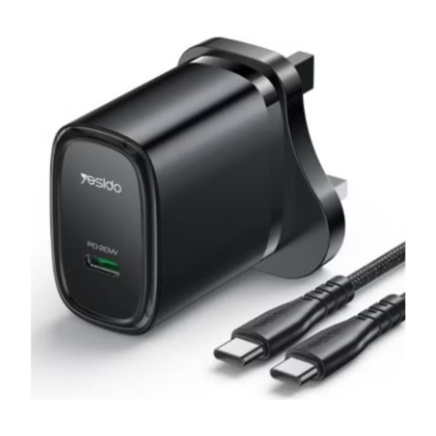 Yesido YC76BC PD 20W USB - C / Type - C شاحن سريع مع كابل من النوع C إلى النوع C، قابس المملكة المتحدة (أسود)