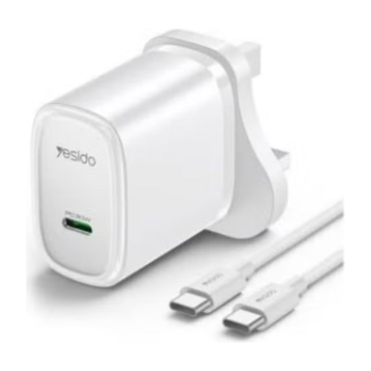 Yesido YC76C PD 20W USB - C / Type - C شاحن سريع مع كابل من النوع C إلى النوع C، المملكة المتحدة قابس أبيض