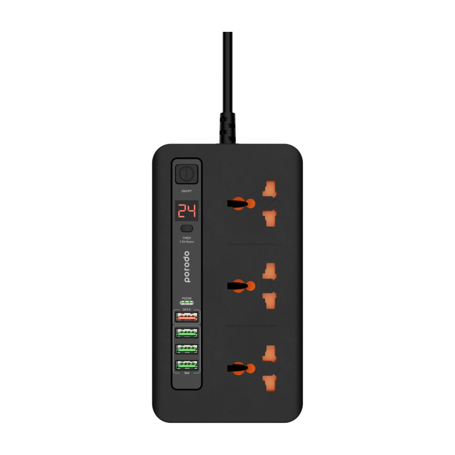 Porodo Multi-Port Power HUB Extension Socket, 3 AC Outlets with 4 USB-A & 1 USB-C PD 20W, QC 3.0 Fast Charging, 24H Digital Timer & 2m Power Cord - Black