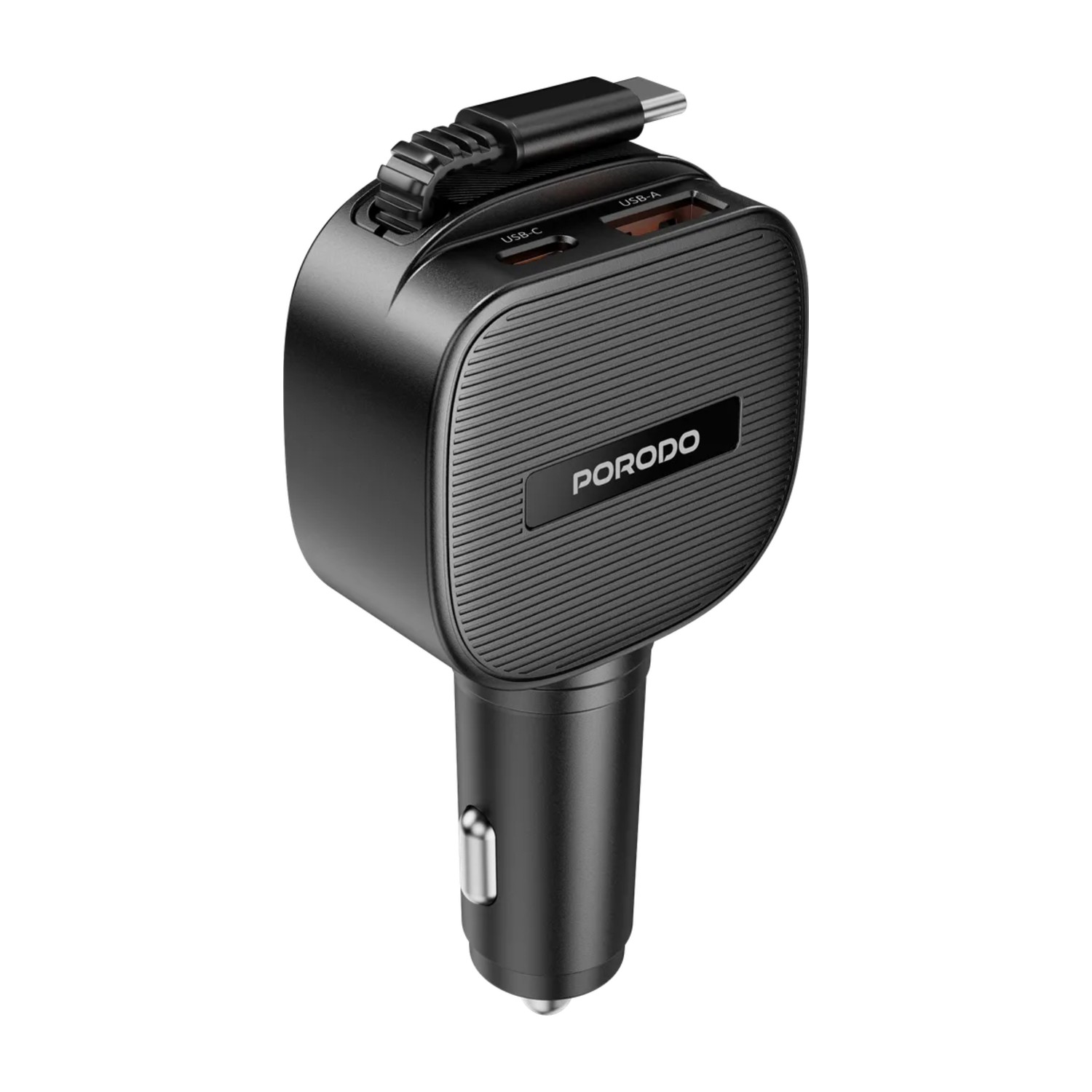 شاحن سيارة متعدد المنافذ من Porodo Cross مع كابل USB - C مدمج قابل للسحب (80 سم)، إجمالي خرج 45 واط كحد أقصى، محول شحن سريع PD 30W و QC 30W، شاحن جهاز ثلاثي 3 في 1 - أسود
