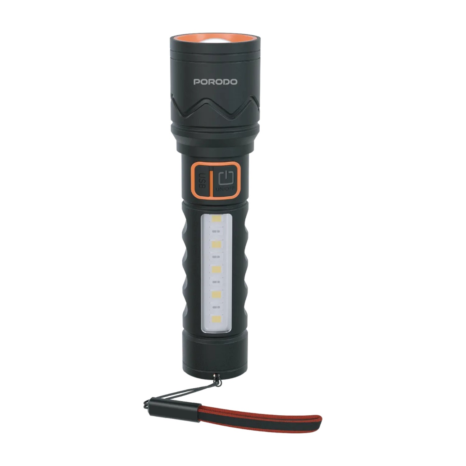 مصباح الشعلة المحمول Porodo Sol Apex II Mini مع تصميم SMD LED، مصباح LED عالي السطوع 800 لومن 5050، مصباح يدوي قابل للشحن 1200 مللي أمبير في الساعة مع 3 أوضاع إضاءة، وظيفة التكبير/التصغير وواجهة USB - C - أسود
