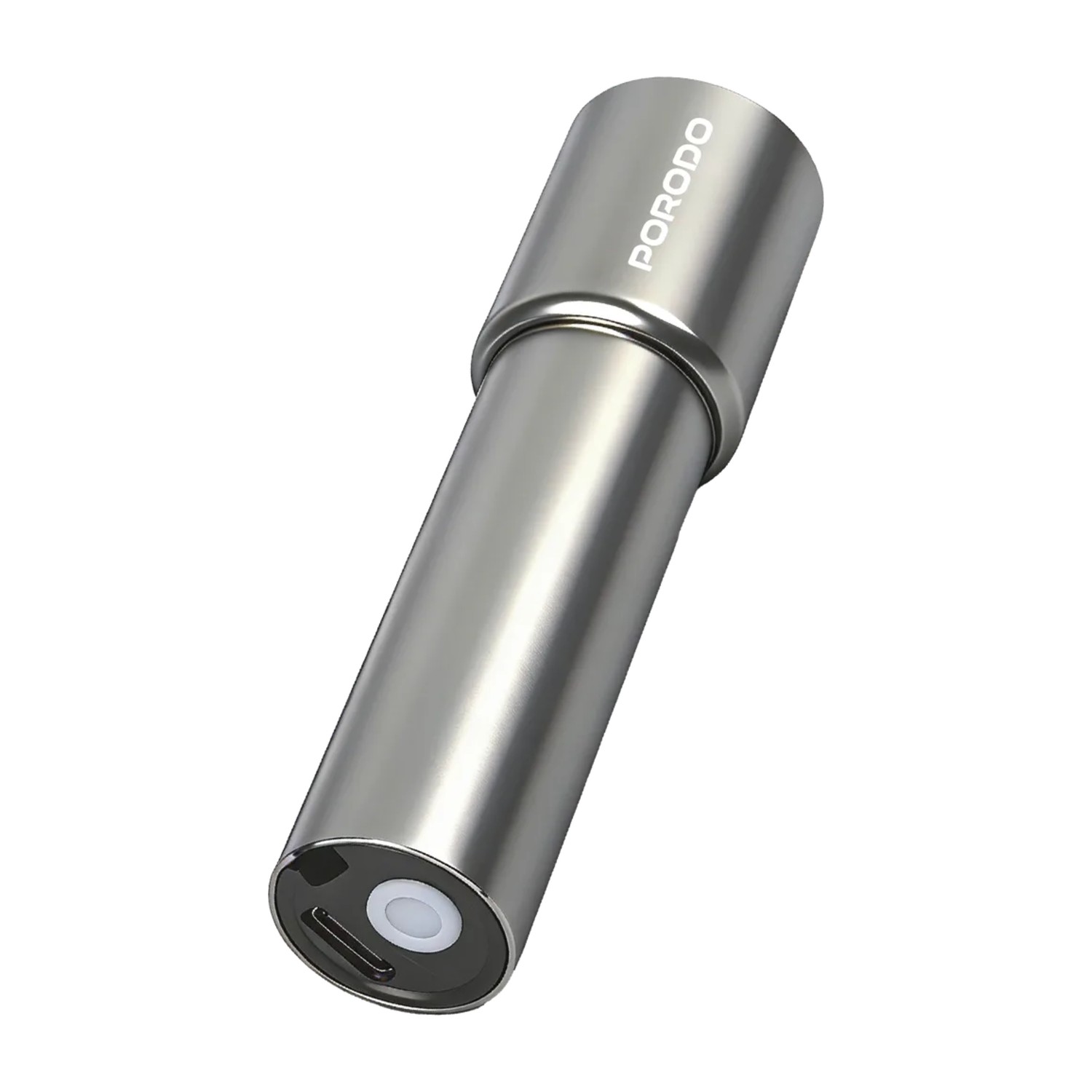 مصباح الشعلة المحمول Porodo Sol Lite Mini مع 240 لومن عالي السطوع 3050 LED، ومصباح يدوي قابل لإعادة الشحن 400 مللي أمبير في الساعة مع 3 أوضاع إضاءة، ووظيفة ضوء التكبير/التصغير وواجهة USB - C - رمادي