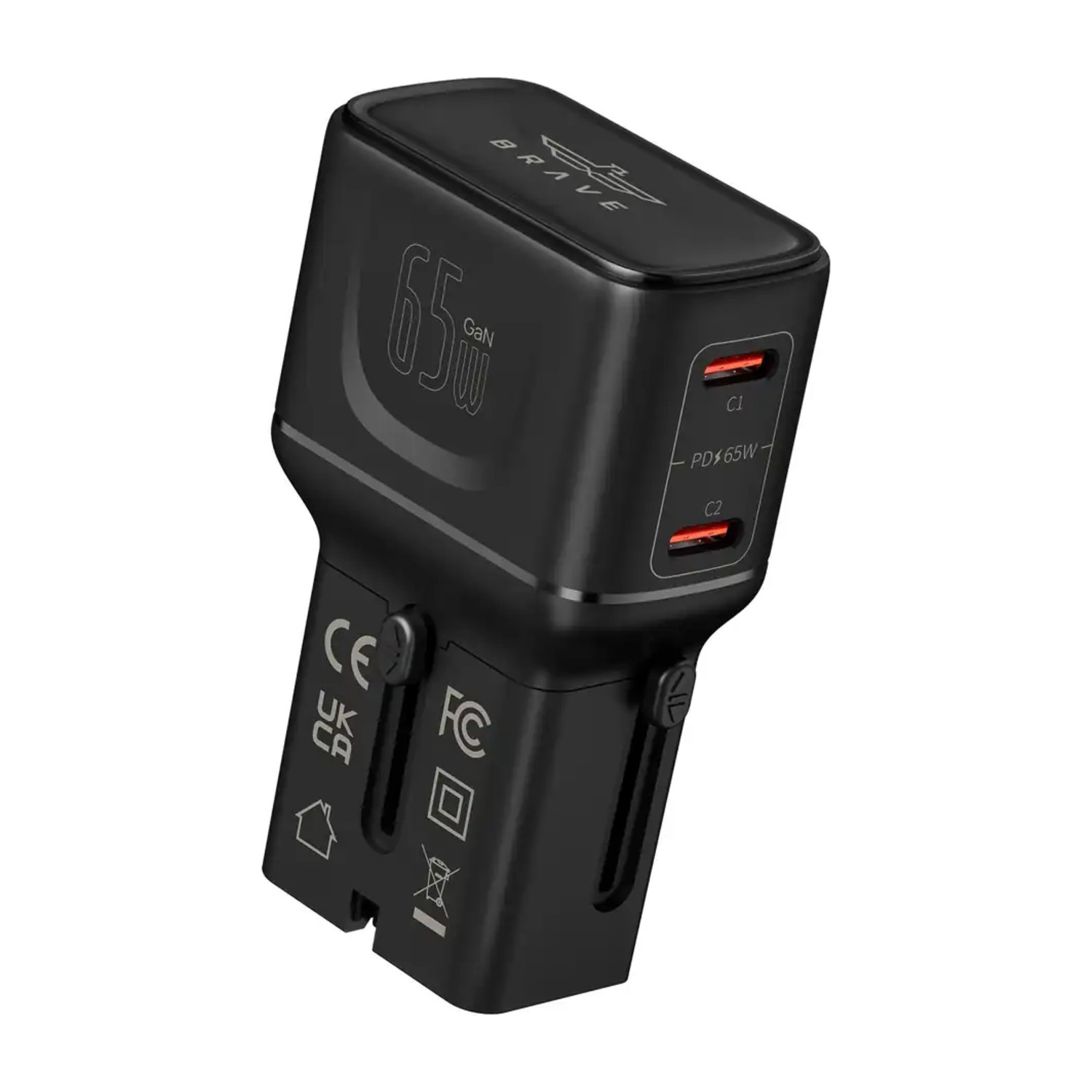محول السفر العالمي BRAVE BTC-49 بتقنية GaN وقوة 65 واط، مزود بمنفذي USB-C وتقنية الشحن السريع PD، ومتوافق مع مقابس أكثر من 200 دولة - أسود