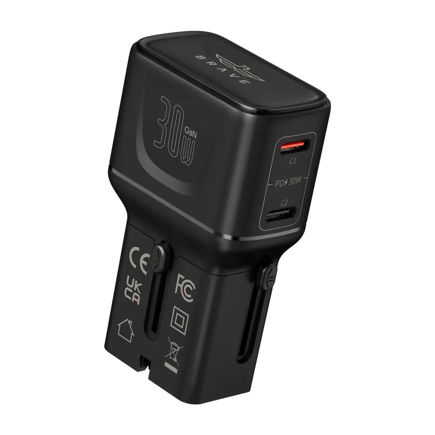 محول سفر عالمي BTC -48 30W GaN شجاع مع منفذي USB - C، شحن سريع PD، قابس في جميع أنحاء العالم لأكثر من 200 دولة - أسود