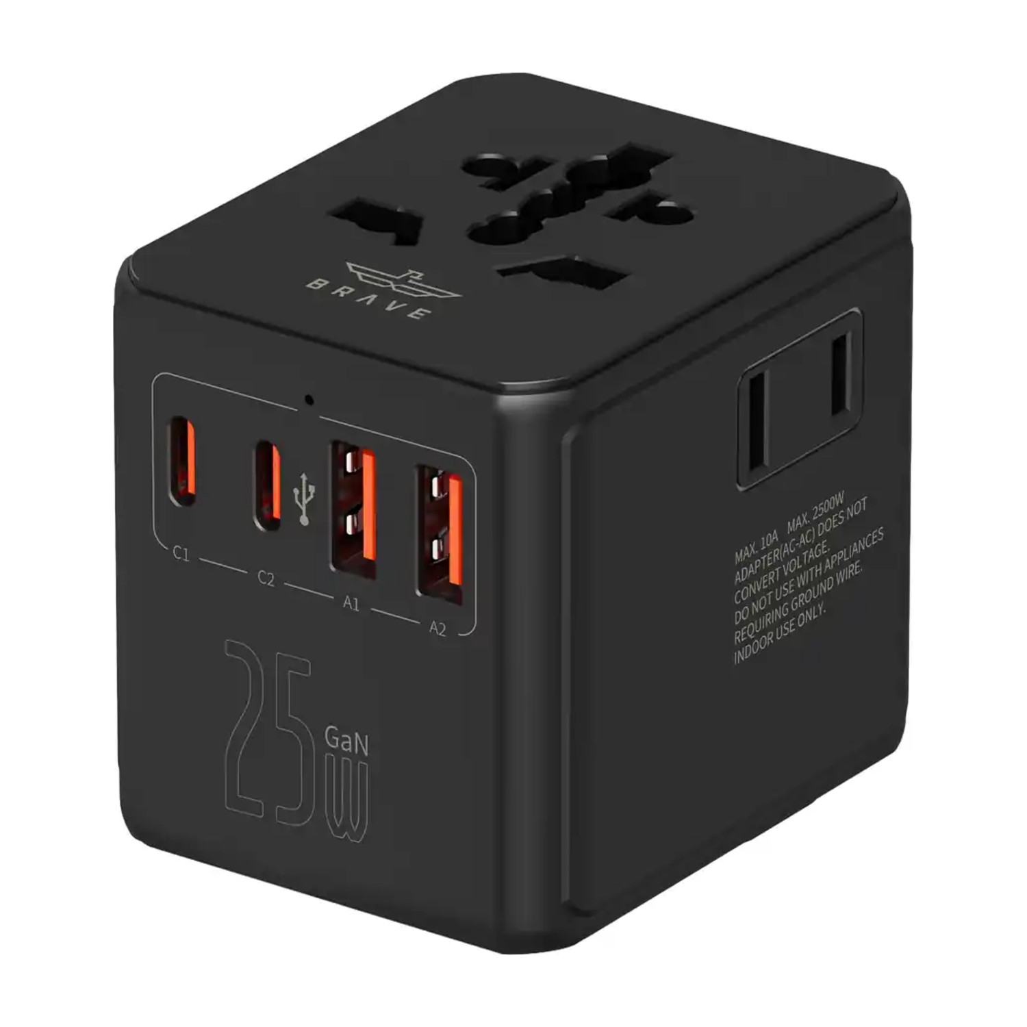 محول سفر عالمي BTC -47 25W GaN شجاع مع 3 مقابس تيار متردد، 2 USB - C و 2 USB - A، 10A فيوز، قابس في جميع أنحاء العالم لأكثر من 200 دولة