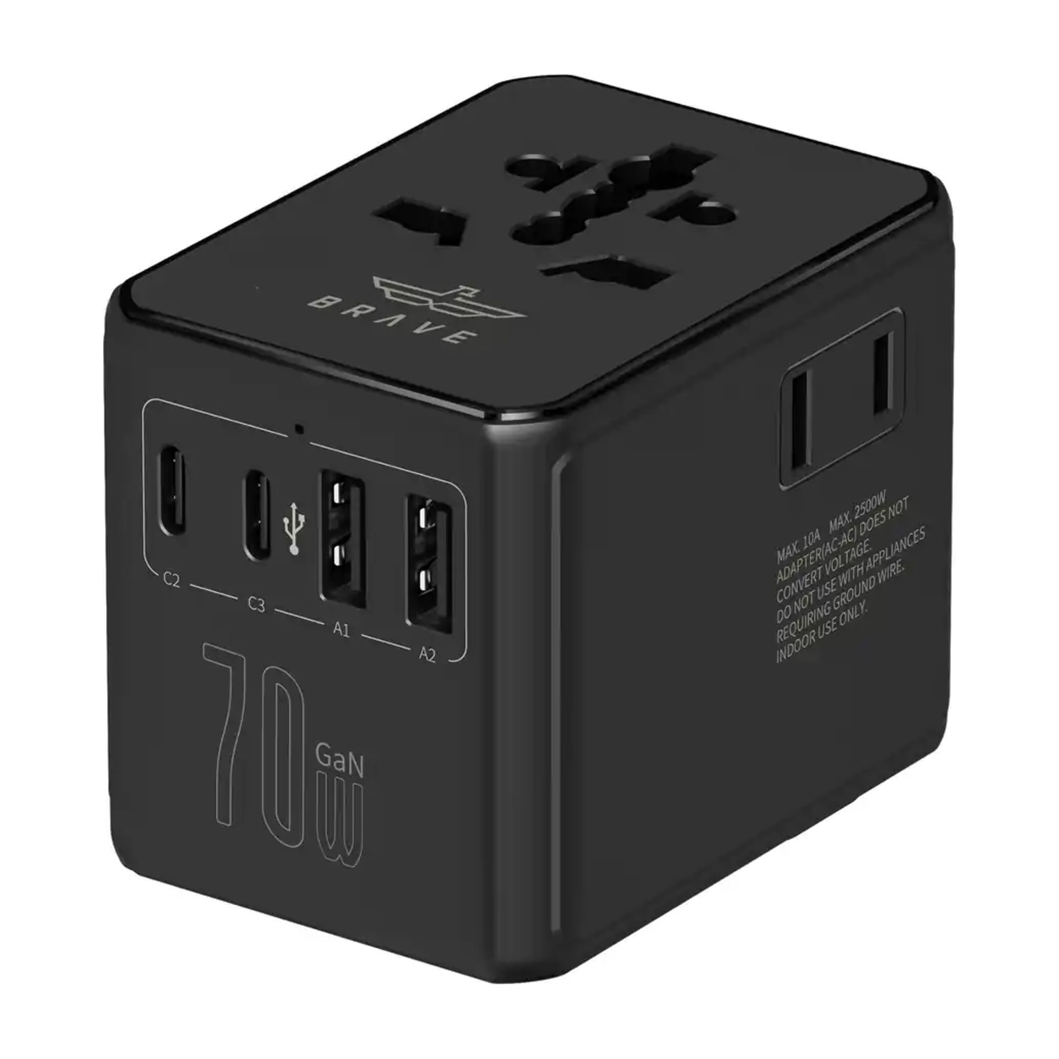 محول سفر عالمي BTC -46 70W GaN، شاحن 6 في 1 مع 3 منافذ USB - C، منفذين USB - A، مقبس تيار متردد، فيوز مزدوج 10 أمبير لأكثر من 200 دولة - أسود