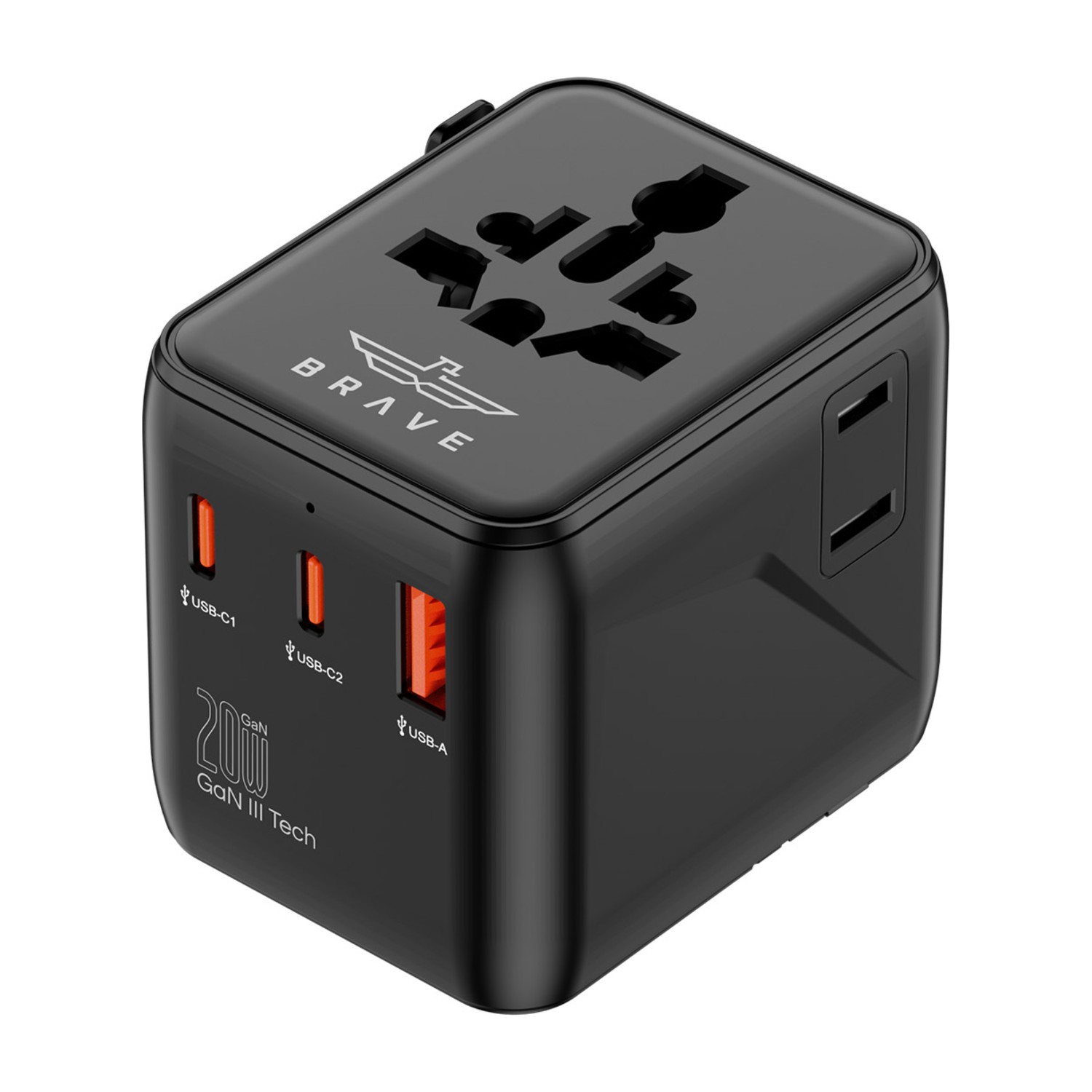 BTC -40 20W GaN III شاحن سفر عالمي مع 2 USB - C، 1 USB - A، محول توصيل عالمي لأكثر من 200 دولة - أسود