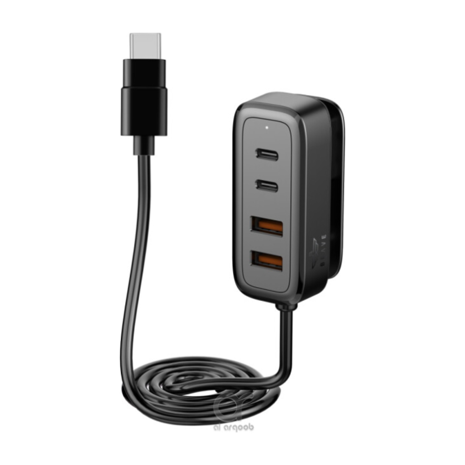 شاحن سيارة شجاع BCC -29 60 واط متعدد المنافذ مع 4 منافذ (2 USB - C و 2 USB - A)، محول سريع الشحن لتوزيع الطاقة الذكي مع كابل 1.5 متر من النوع C - أسود