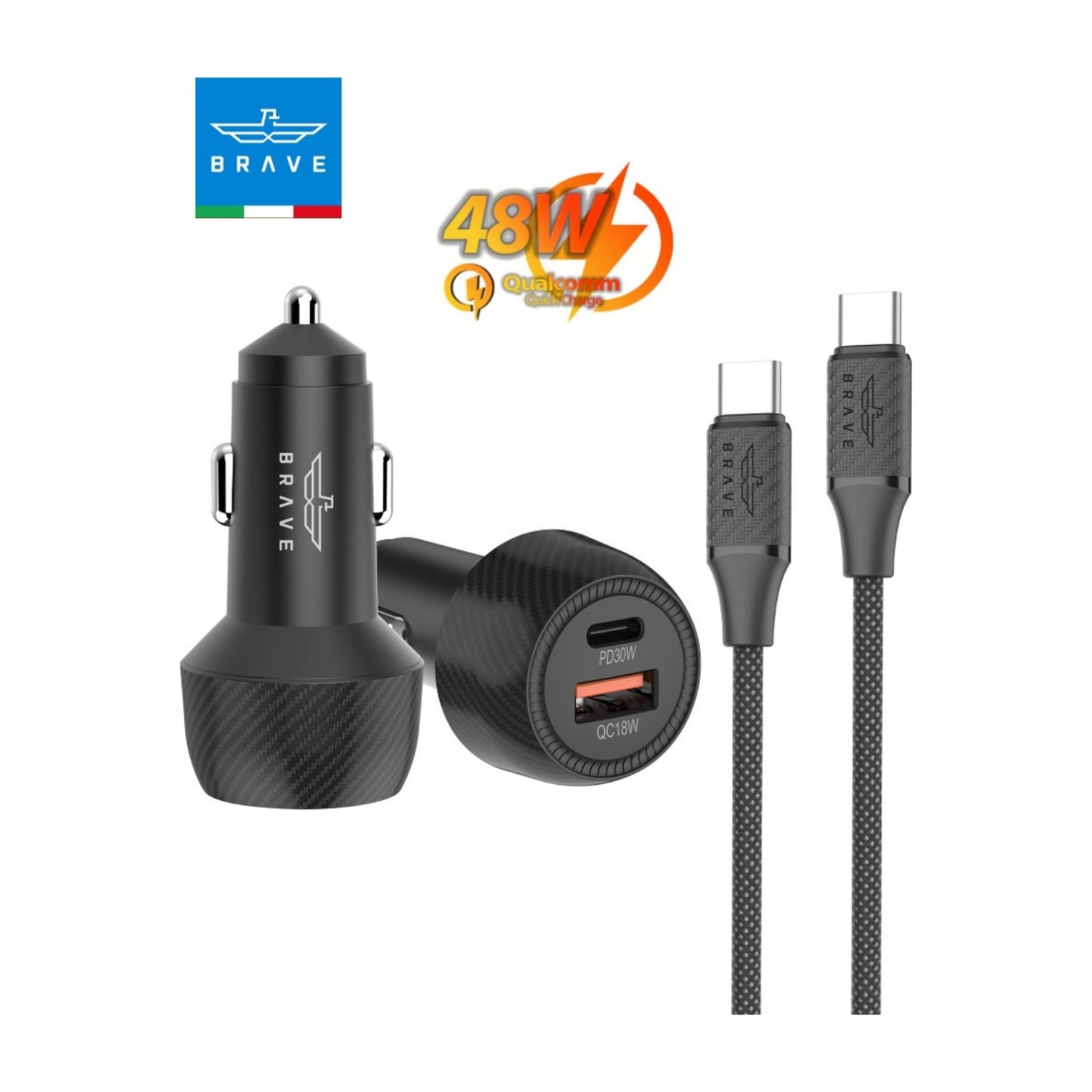 BRAVE BCC -26 48W QC 3.0&PD شاحن سيارة مزدوج المنفذ - أسود