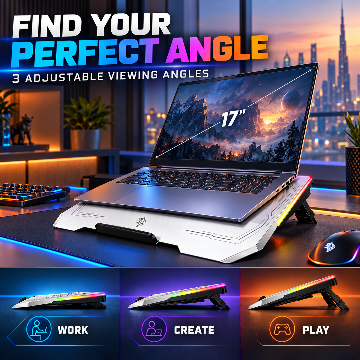 Aluminum Multi-Fan Cooling Pad, up to 17" Devices Compatible, 3 Viewing Angles, 3 Fan Levels, 1500 RPM, 28dB Low Noise - Silver