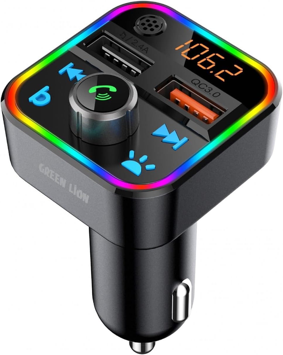 Green Lion Car FM Transmitter Kit, 64GB TF Card & 64GB USB Max Capacity, 30W Fast Charging, Bluetooth 5.3 - Black
