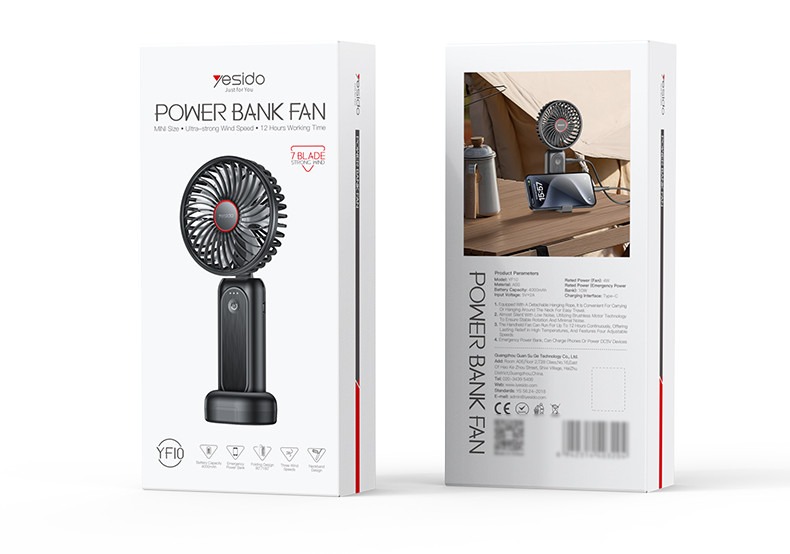 Yesido YF10 Portable Mini Fan with 3-Speed Settings & Emergency Power Bank Function - White