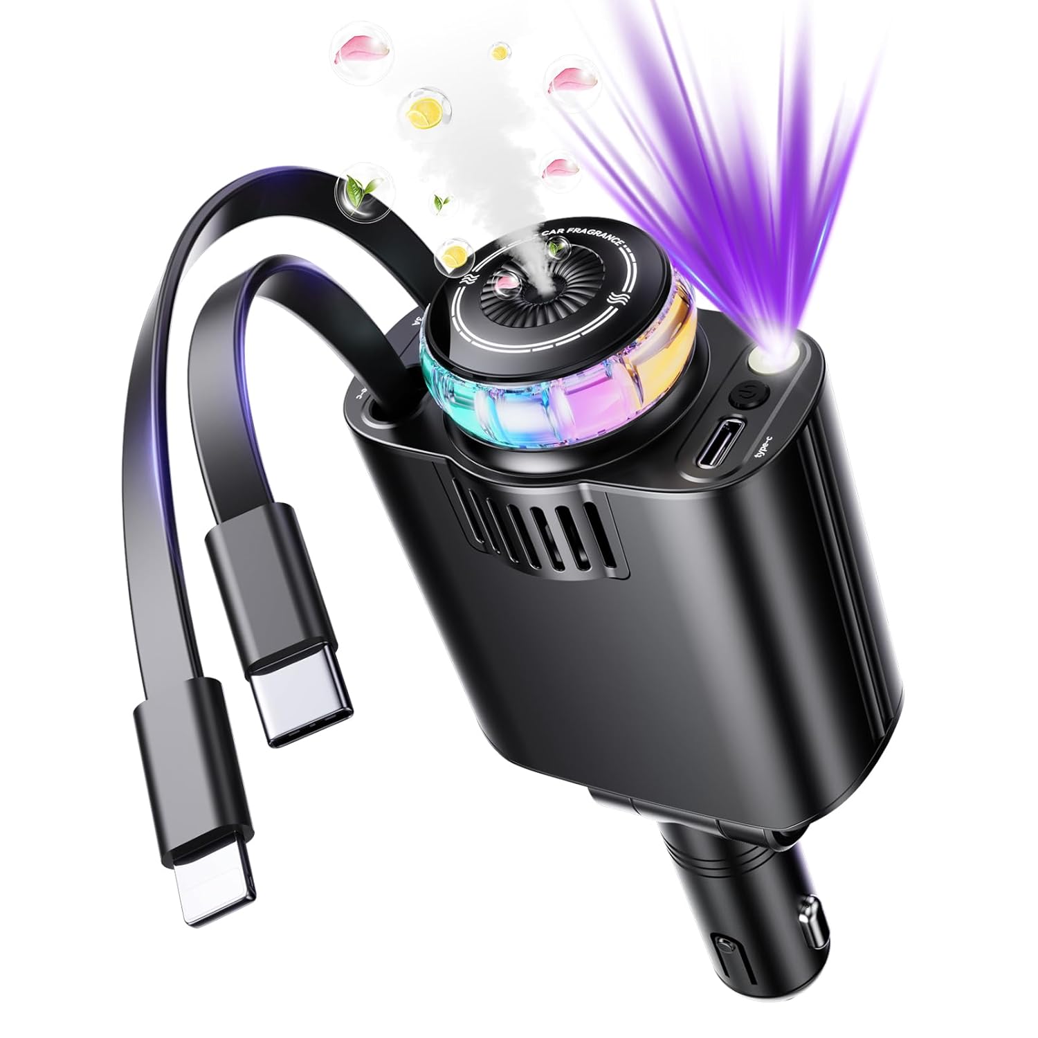 DmarQa 6-in-1 Car Charger 120W, Aroma Diffuser with Retractable Cable, USB-C PD 30W