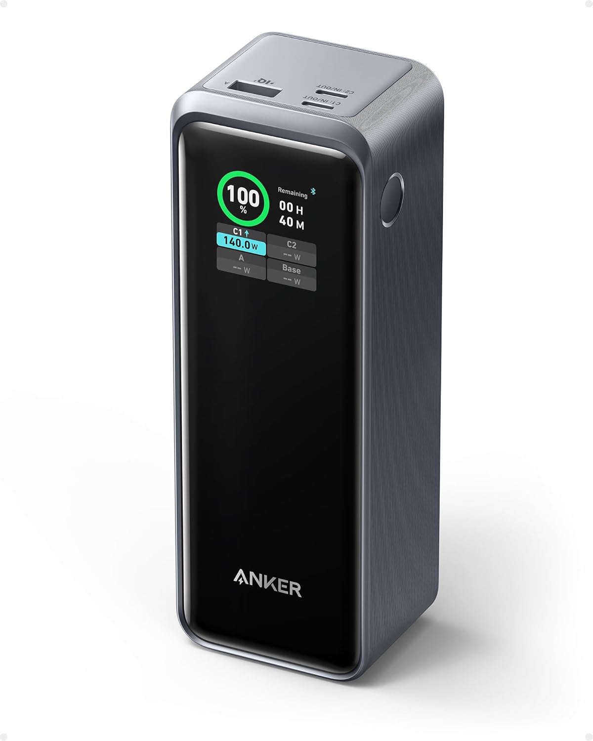 بنك الطاقة Anker 737 (PowerCore 24K): شاحن محمول بسعة 24,000 مللي أمبير في الساعة، مزود بـ 3 منافذ وقدرة خرج 140 واط وشاشة رقمية ذكية؛ متوافق مع أجهزة MacBook Pro/Air، وسلسلة iPhone 17/16، وأجهزة Samsung وHuawei وDell.