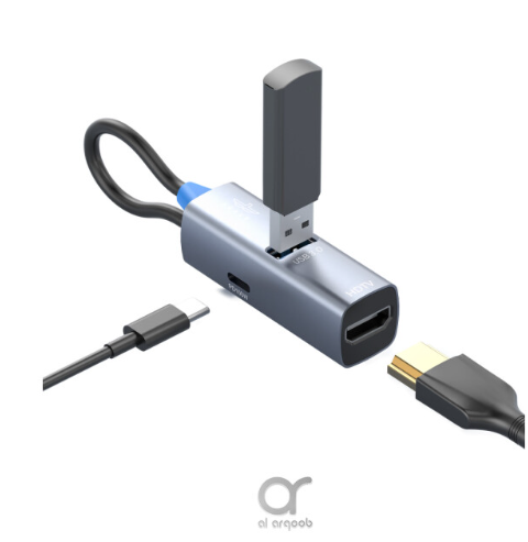 محول BRAVE BraveLink USB-C 3 في 1 موديل BH-03 مع HDMI بدقة 4K، وشحن سريع بقوة 100 واط PD وUSB 3.0 بسرعة 5 جيجابت/ثانية – محور ألومنيوم فائق الصغر - رمادي
