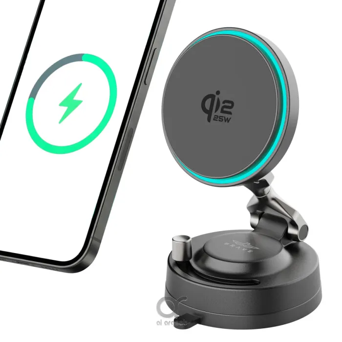 حامل وشاحن سيارة لاسلكي مغناطيسي BRAVE BHL-60 Qi2 بقوة 25 واط – منفذا USB-C، دوران بزاوية 360 درجة، لون أسود