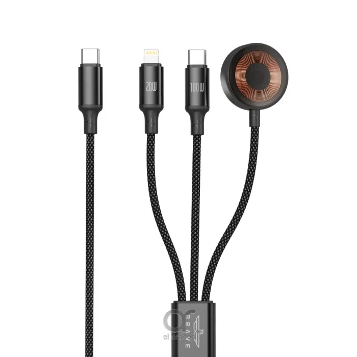 كابل الشحن السريع BRAVE BDC-53 TriVolt 3 في 1 بقدرة 100 واط – USB-C وLightning وشاحن مغناطيسي لساعة Apple Watch
