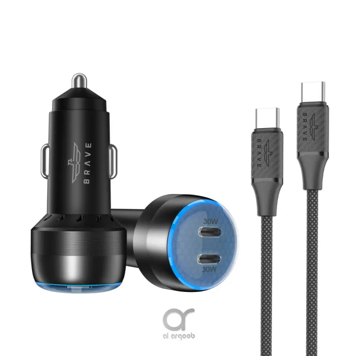شاحن سيارة BRAVE بقوة 60 واط ومنفذي USB-C (يدعم تقنية PD 3.0) مع كابل USB-C بقوة 100 واط – أسود