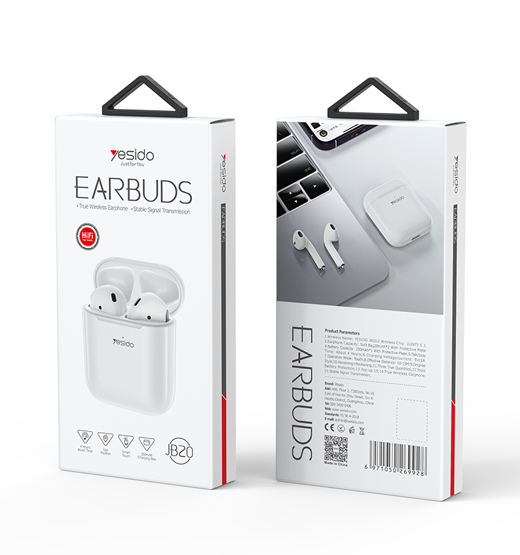 Yesido JB20 TWS Wireless Earbuds Bluetooth 5.3 with JL6973 Chip, 28mAh Earbuds & 250mAh Charging Case – White