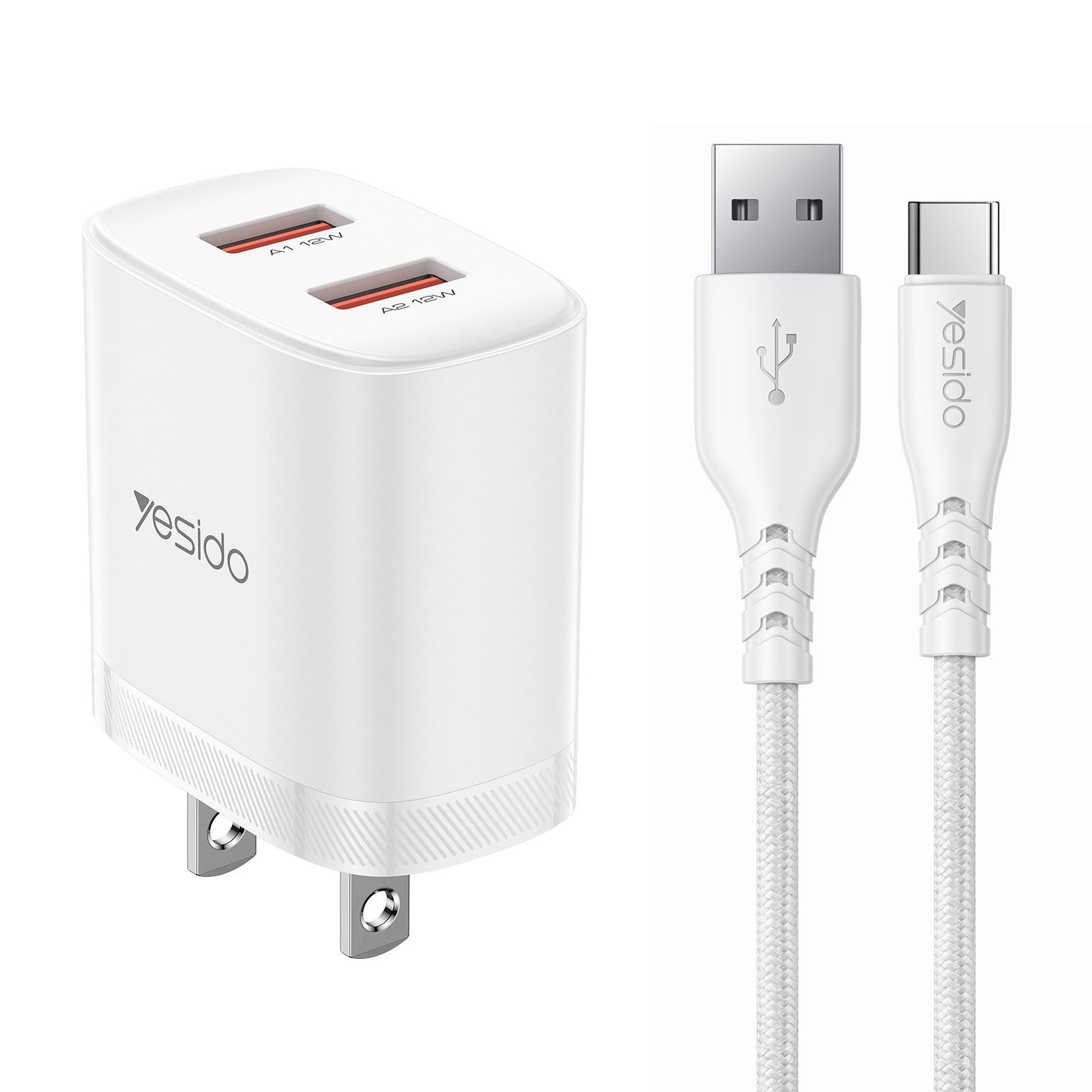 يشيدو YC17U 12 وات شاحن مزدوج USB - A مع كابل USB إلى Type - C 1 متر – مقبس أمريكي – أبيض