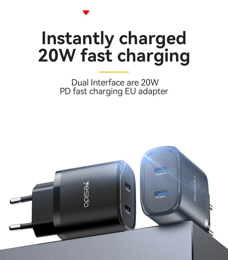 يسيدو YC54 20W شاحن سفر مزدوج من النوع C مع كابل من 1 متر من النوع C إلى 8 سنون – قابس EU – أسود