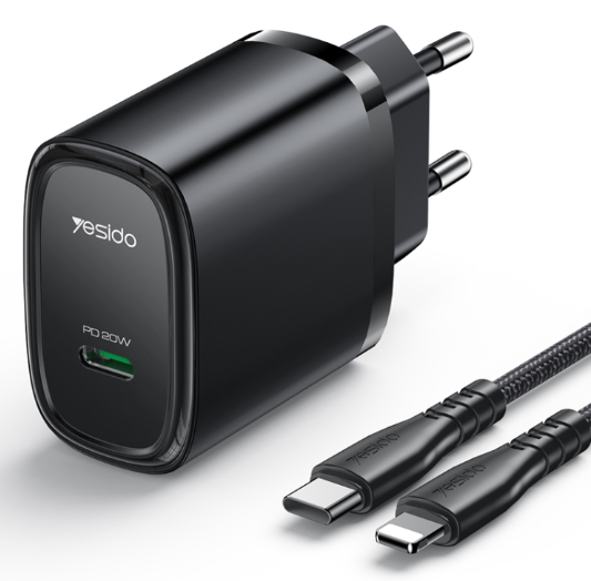 يسيدو YC57BL PD 20W USB - C شاحن سريع مع كابل من النوع C إلى 8 سنون – قابس EU – أسود