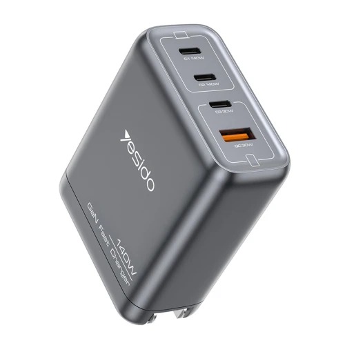 يسيدو YC143 140W شاحن سريع 4 منافذ GaN، 3 منافذ USB - C + USB – A – مقبس أمريكي – أسود