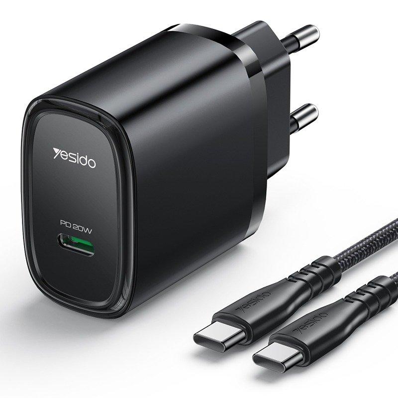 يسيدو YC57BC PD 20W USB - C شاحن سريع مع كابل من النوع C إلى النوع C – قابس EU – أسود