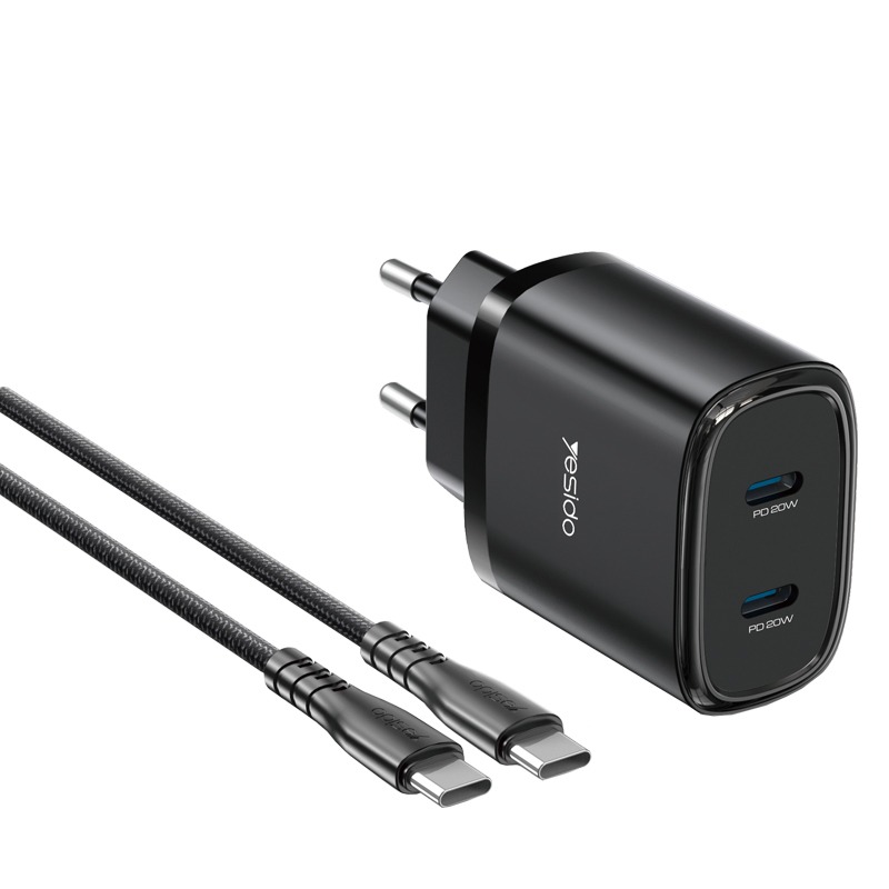 Yesido YC56 20W شاحن سريع مزدوج من النوع C مع كابل من النوع C إلى النوع C بطول 1 متر – قابس الاتحاد الأوروبي