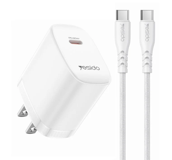 Yesido YC18U 20W PD Type - C شاحن منزلي مع كابل من 1 متر من النوع C إلى النوع C – قابس أمريكي