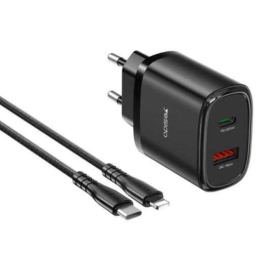 Yesido YC47 20W USB - C + USB - A شاحن سريع مع كابل USB - C بطول 1 متر إلى 8 سنون – قابس الاتحاد الأوروبي