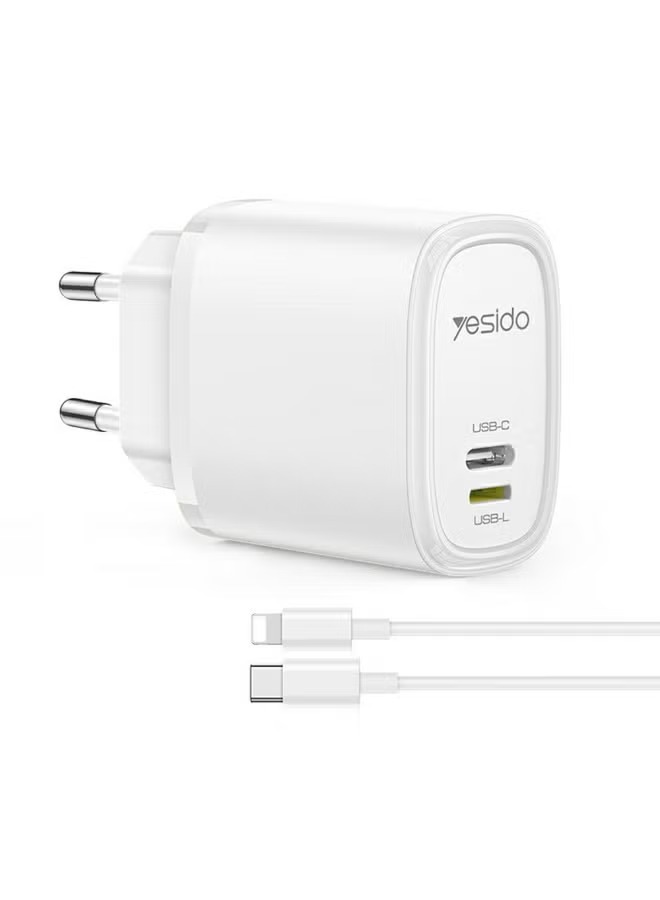 يشيدو YC71 12 وات شاحن حائط USB - C + USB - L سريع الشحن – مقبس EU – أبيض