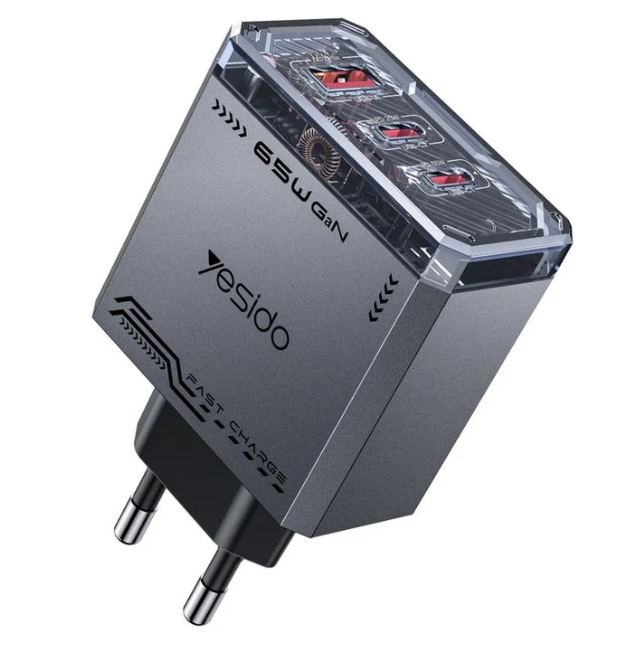 يسيدو YC101 شاحن ميكا GaN سريع ثلاثي المنافذ 65 واط – 2×USB - C + USB - A، قابس EU - أسود