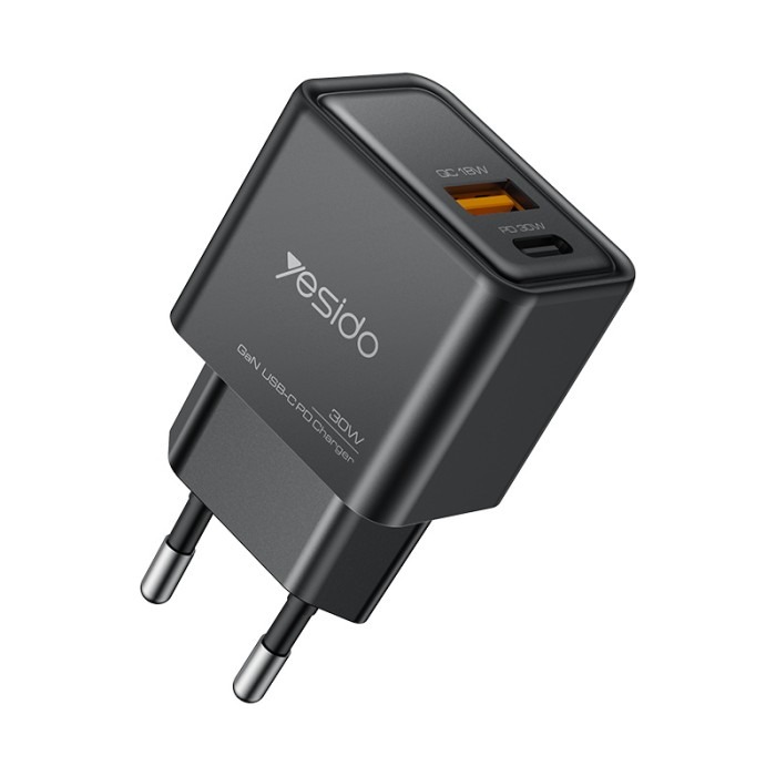 يسيدو YC64 30W GaN PD USB - C + USB - A شاحن سريع ثنائي المنفذ – قابس EU – أسود