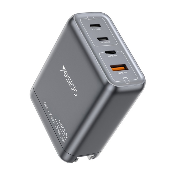 يسيدو YC143 140W شاحن سريع 4 منافذ GaN – 3×USB - C + USB - A، قابس أمريكي - أسود