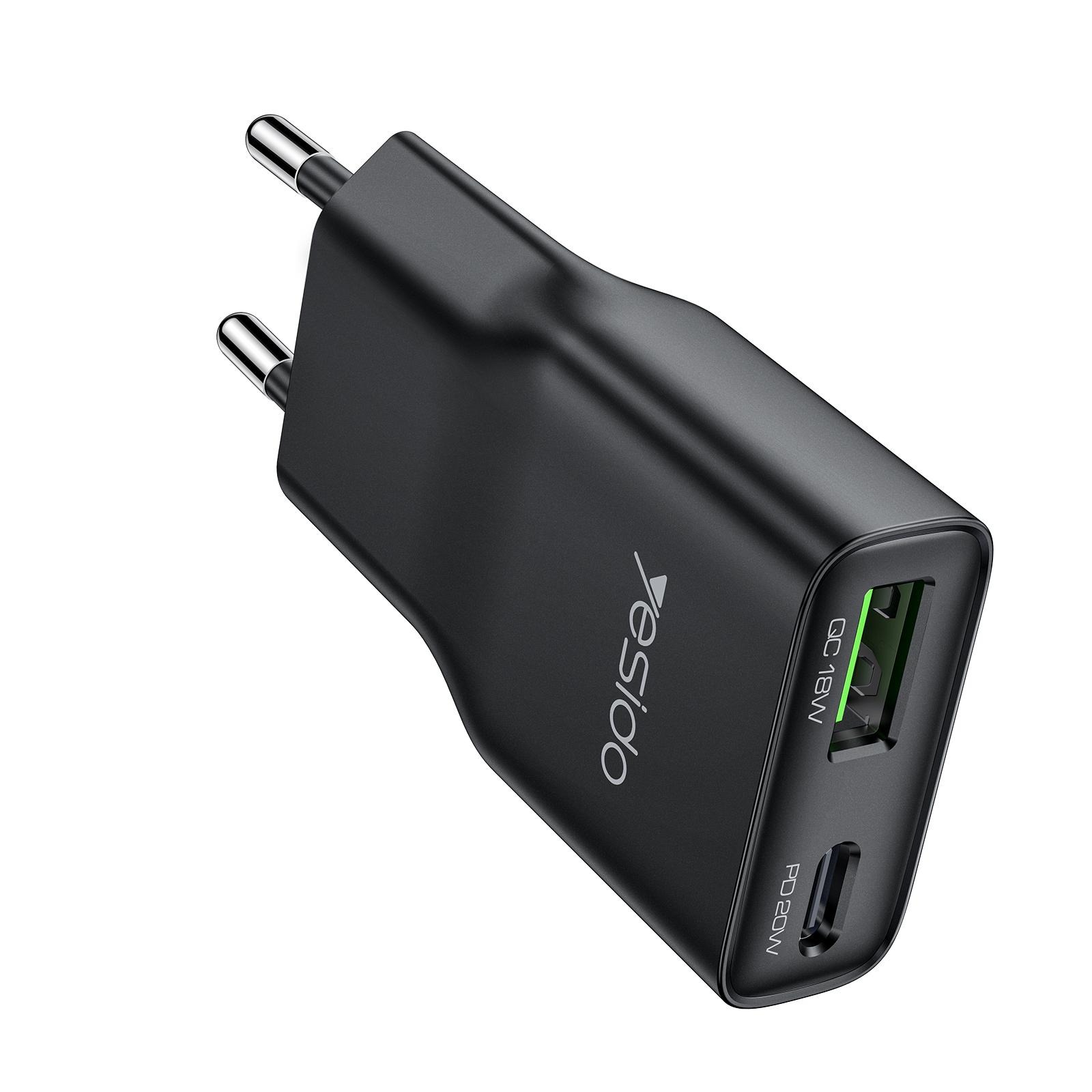 يسيدو YC112 شاحن فائق النحافة 20 واط ثنائي المنفذ PD QC سريع – USB – C + USB - A، قابس EU - أسود