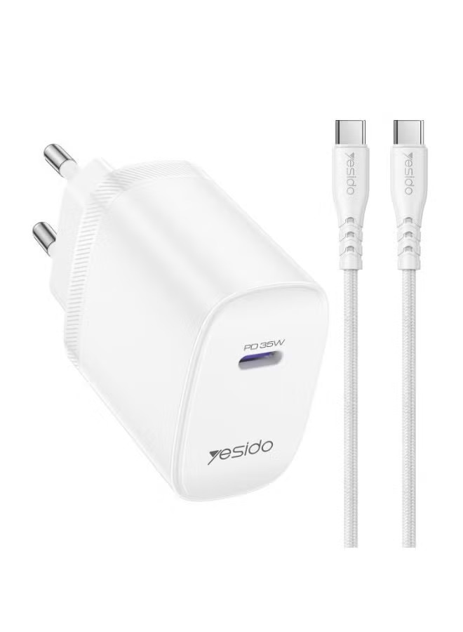 Yesido YC107 35W PD USB - C شاحن سريع مع 1 متر من النوع C إلى النوع C – قابس EU – أبيض