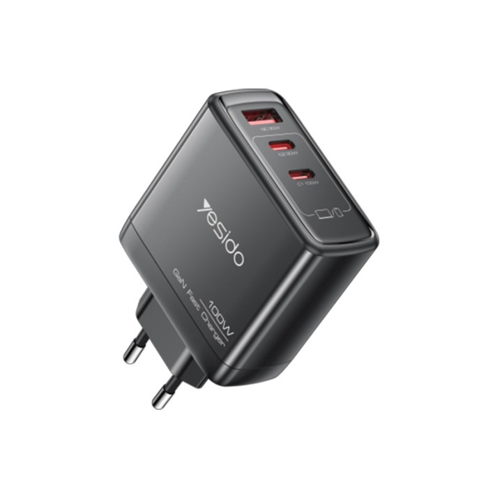 يسيدو YC142 100W GaN شاحن سريع ثلاثي المنافذ – 2×USB - C + USB - A، قابس EU - أسود