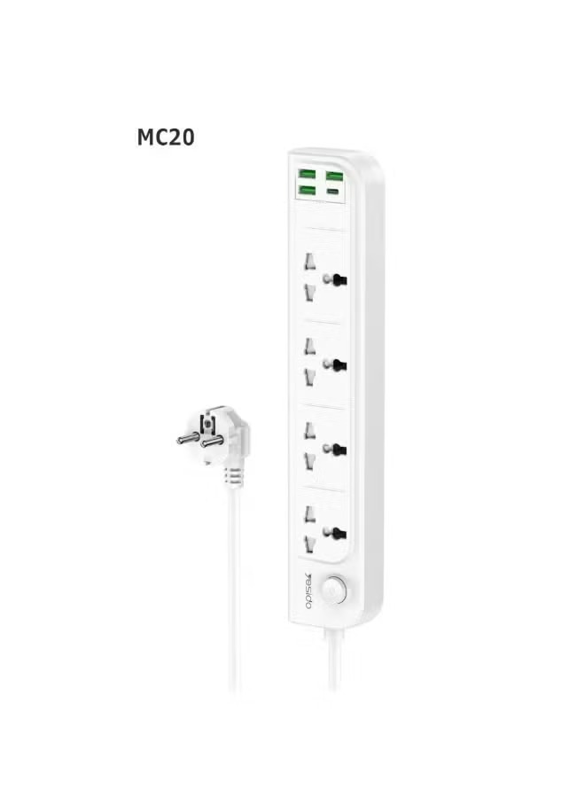 Yesido MC20 3.5A 4-Socket Power Extension with 3 USB-A + USB-C Ports, 2m Cable
