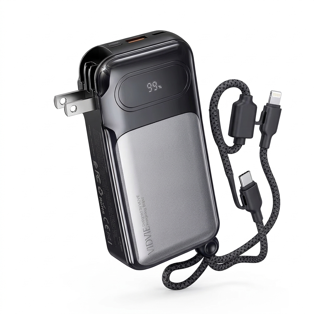 VIDVIE 10000mAh Multifunctional Power Bank 2-in-1 Wall Charger & Portable Battery with Built-In Cables & 60W Type-C Cable - Black