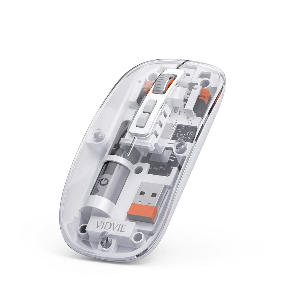 Vidvie Transparent Wireless Mouse, 2.4GHz Rechargeable USB-C Mouse with Precise Optical Tracking, Slim Ergonomic Design for Windows, macOS, ChromeOS and Linux, White, KB07