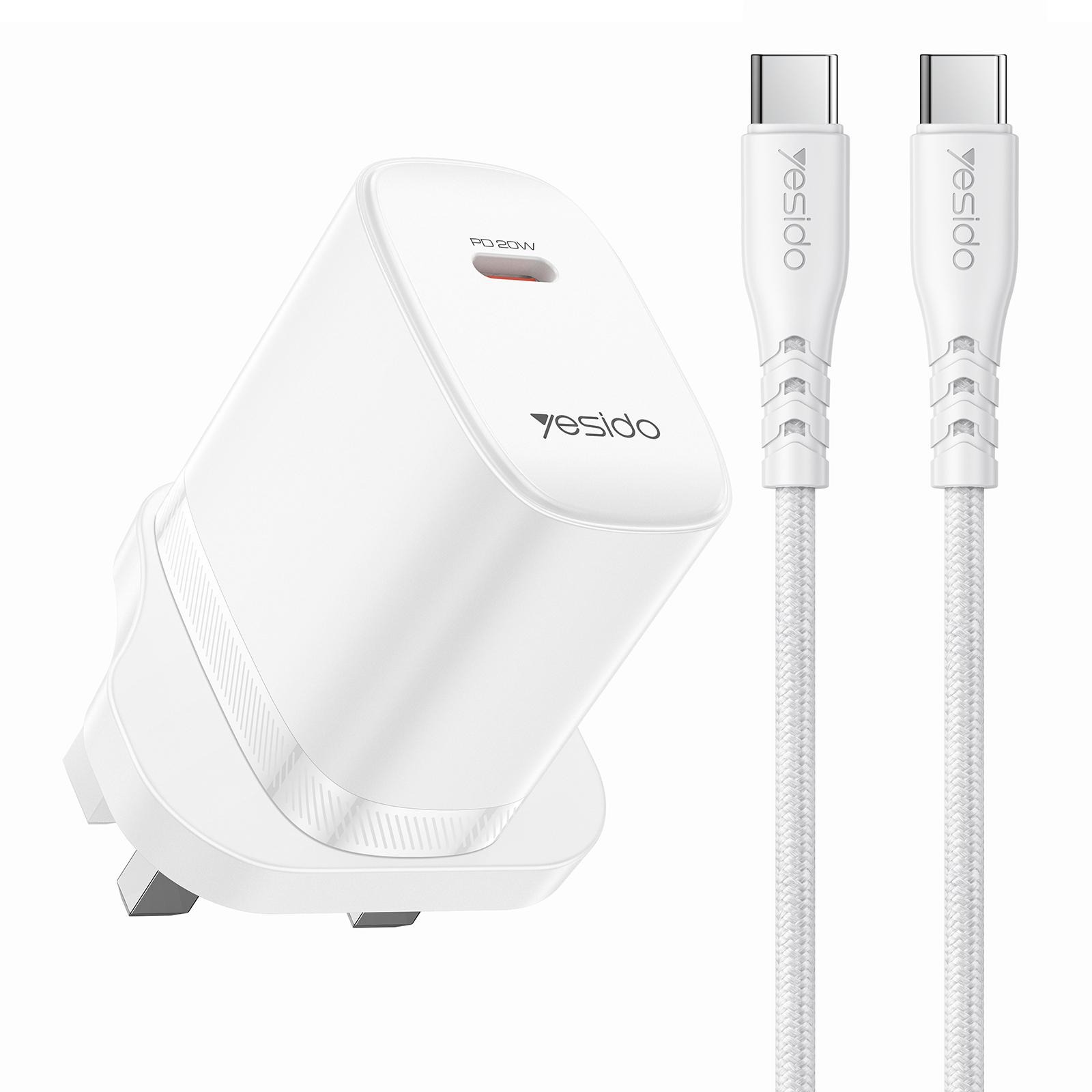 Yesido YC151 20W USB-C Fast Charger Set with 1m Type-C to Type-C Cable, PD Charging Adapter, UK Plug, White