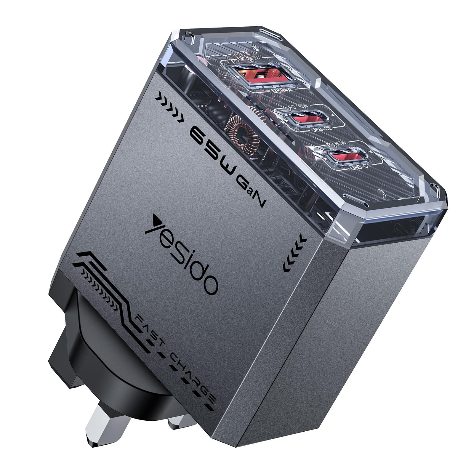 Yesido YC147 65W GaN Fast Charger, 3-Port USB-C and USB-A Power Adapter, Multi-Protocol PD PPS QC Fast Charging, Compact Mecha-Style Semi-Transparent Design