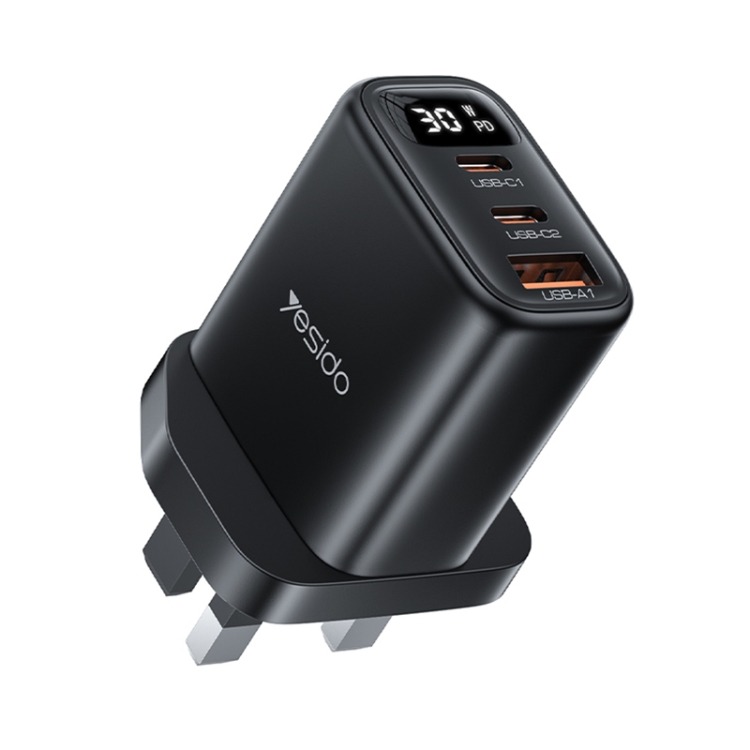 Yesido YC86 17W Dual-Port Home Charger with Digital Power Display, USB-A and USB-C Charging Ports, UK Plug Adapter, Intelligent Current Distribution, BLACK