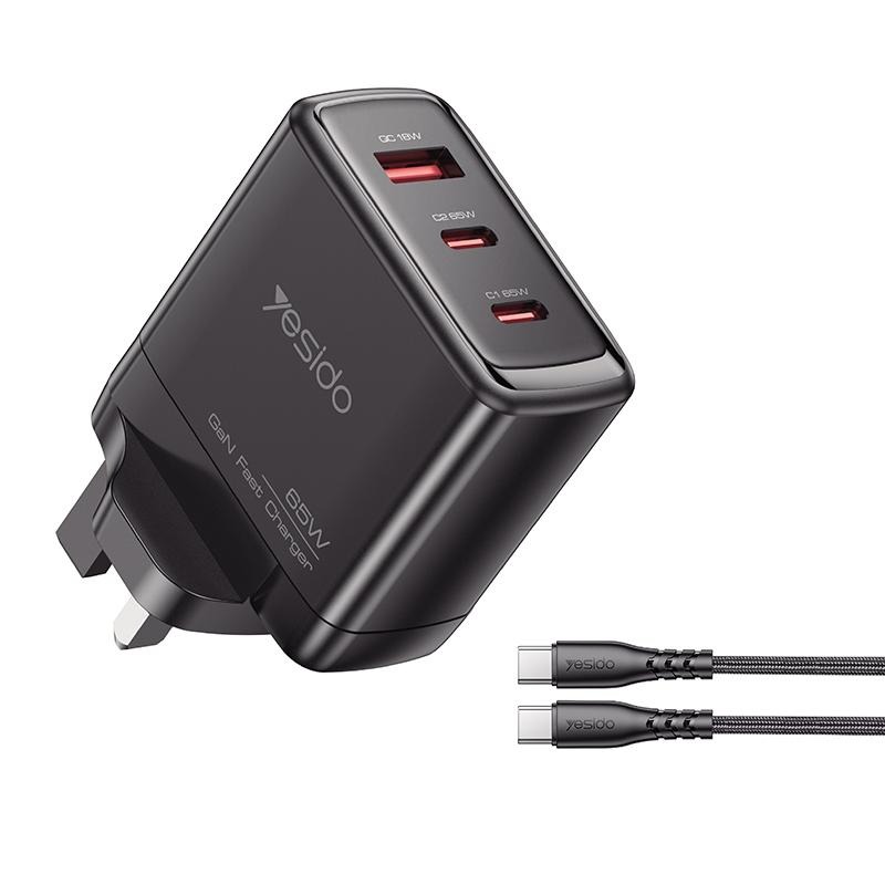 Yesido YC98C 65W GaN Fast Charger, 3-Port USB-C and USB-A PD PPS Charging Adapter with 1.2m Type-C to Type-C Cable, UK Plug