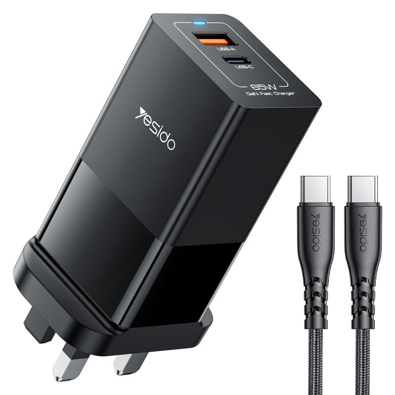 Yesido YC92 65W Fast Charger with USB-C and USB-A Ports, UK Plug, PD PPS Charging Adapter with 1m Type-C to Type-C Cable
