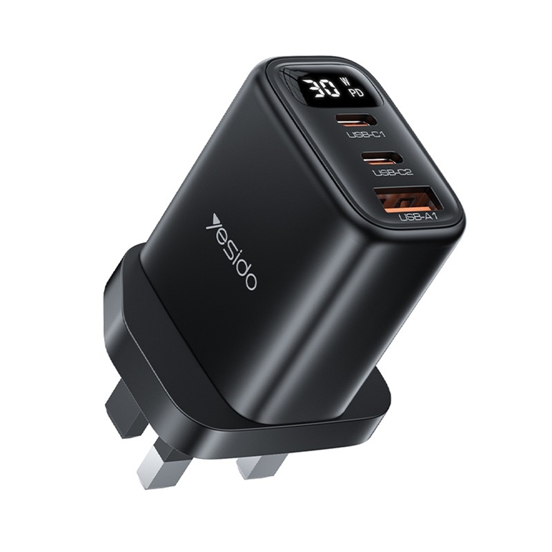 Yesido YC88 30W Digital Display Fast Charger, UK Plug, Multi-Port USB Charging Adapter