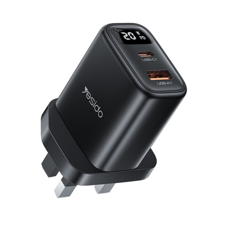 Yesido YC87 20W Digital Display Fast Charger, UK Plug, USB-A and USB-C Charging Adapter