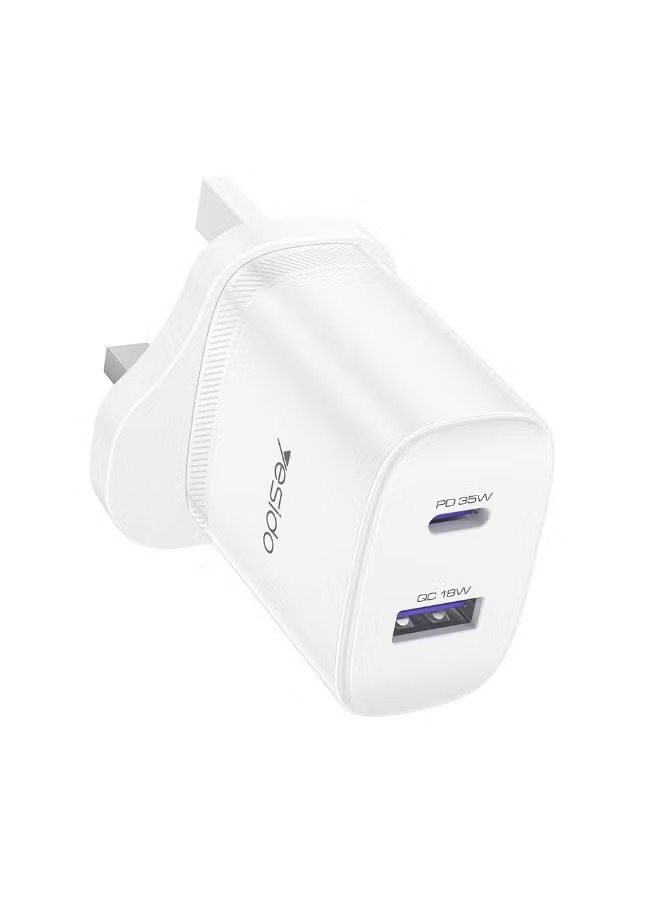 Yesido YC154 35W PD Fast Charger with QC 18W USB-A Port, USB-C Dual-Port UK Plug Adapter with 1m Type-C Cable