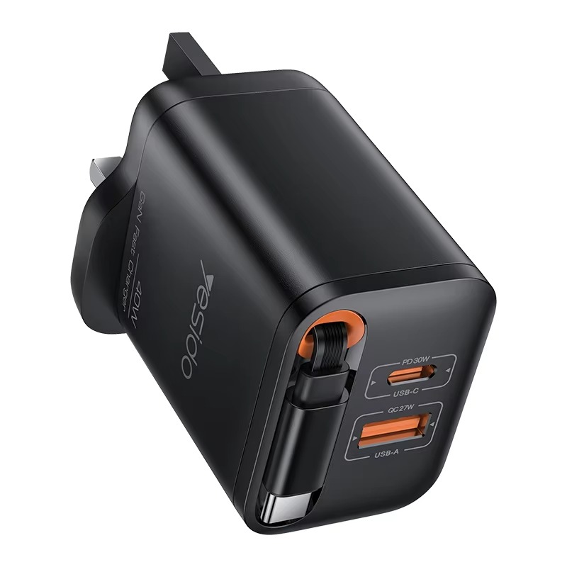 Yesido YC145 40W GaN Retractable Cable Fast Charger, USB-C and USB-A Ports, 360° Rotating UK Wall Charger BLACK